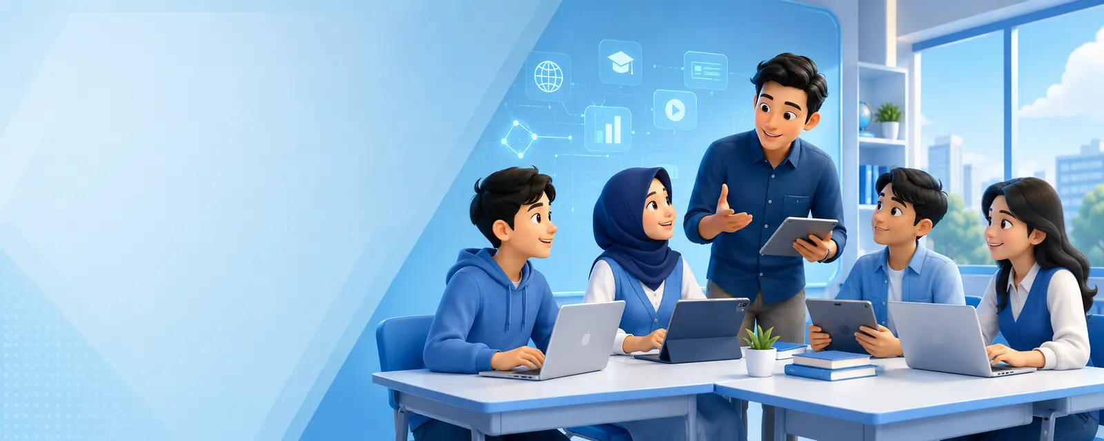 Siswa dan pendidik belajar bersama menggunakan laptop dan tablet